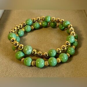 jade Green and Gold Beaded Bracelet set of 2